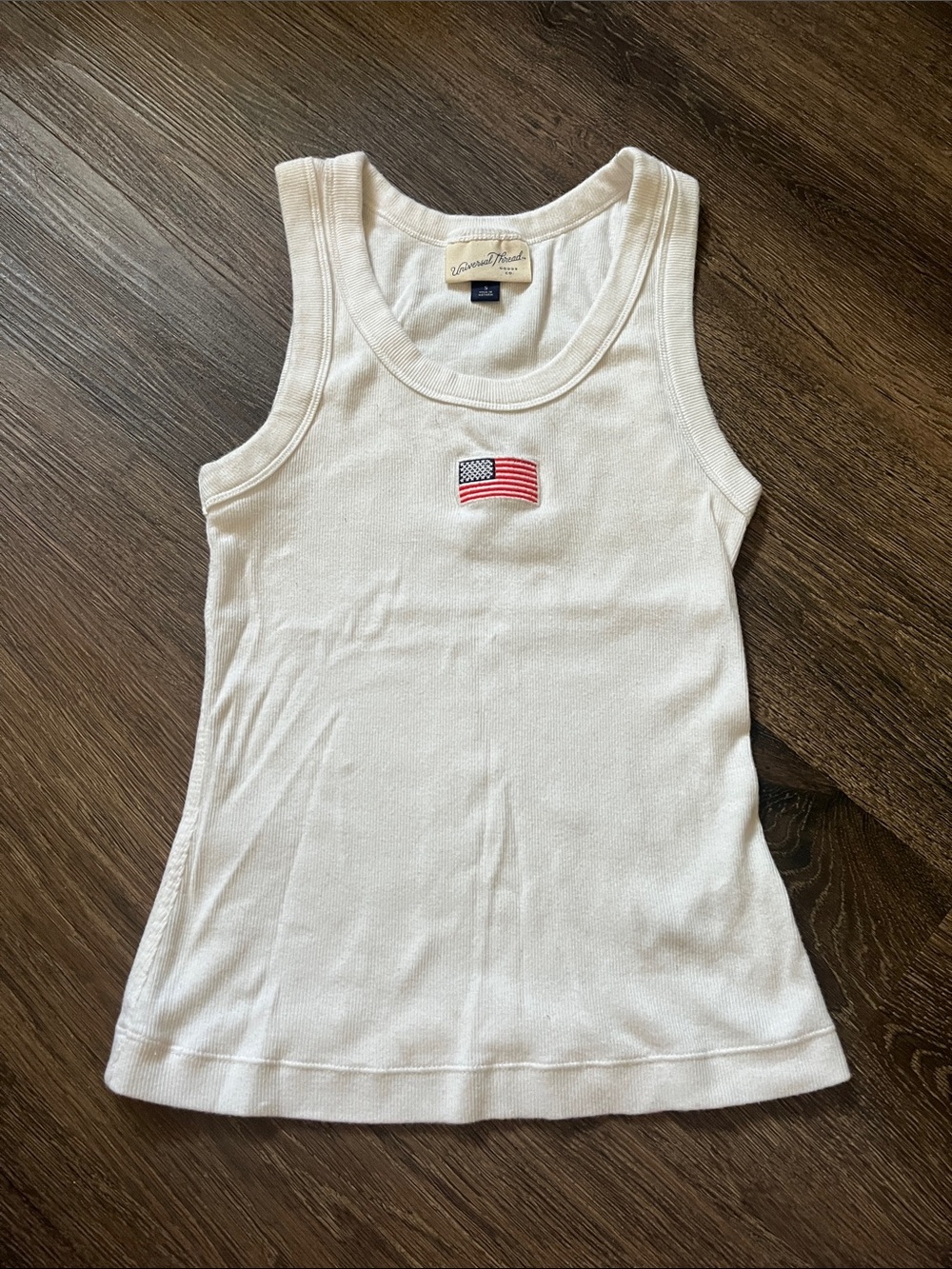 White Ribbed Tank with Embroidered American Flag